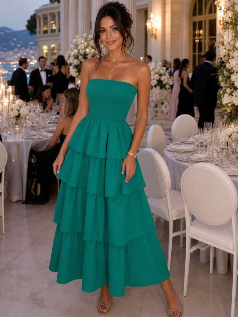 Women's Strapless Midi Dress with Smocked Bodice for Summer