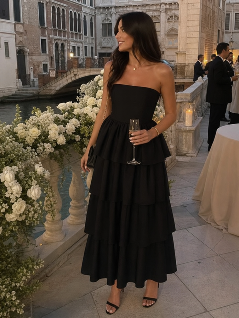 Women's Strapless Midi Dress with Smocked Bodice for Summer