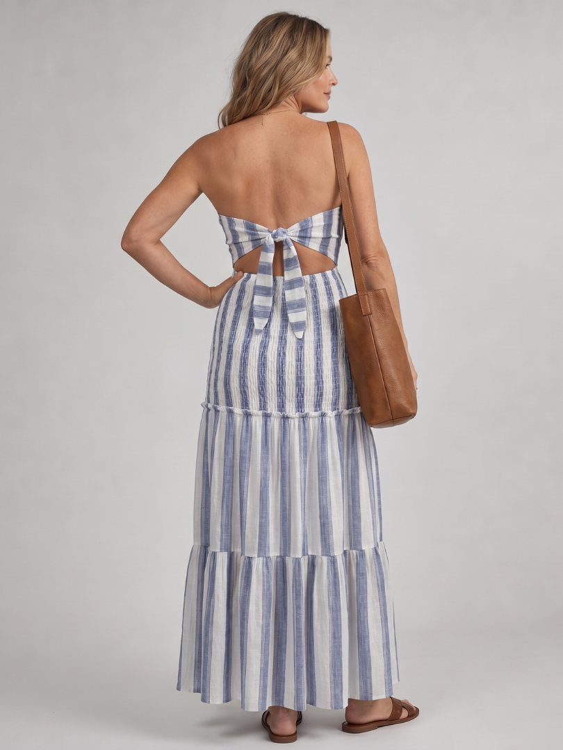 Women's Strapless Tiered Stripe Midi Dress with Cutout for Garden Party