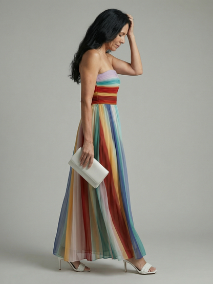 Women's Stripe Maxi Dress with Pleated Skirt for Summer