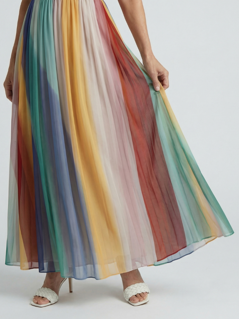 Women's Stripe Maxi Dress with Pleated Skirt for Summer