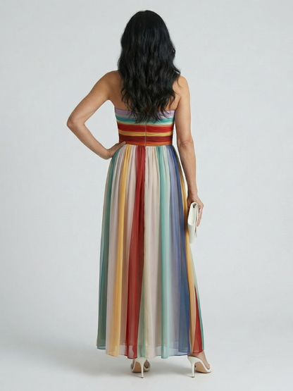 Women's Stripe Maxi Dress with Pleated Skirt for Summer