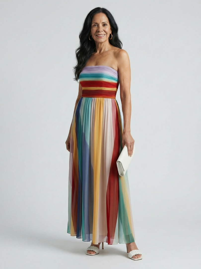 Women's Stripe Maxi Dress with Pleated Skirt for Summer
