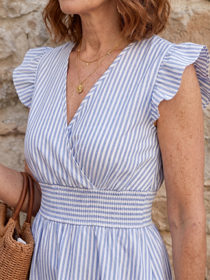 Women's Stripe Mini Dress with Flutter Sleeves for Summer