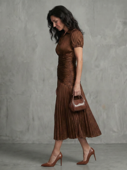 Women's Stripe Waist Pleated Midi Dress with Everyday Wear