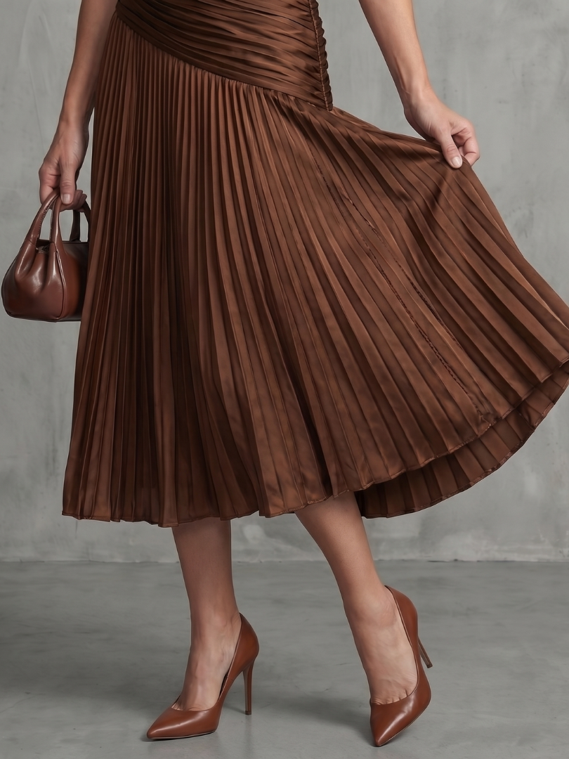 Women's Stripe Waist Pleated Midi Dress with Everyday Wear