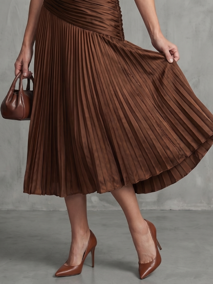 Women's Stripe Waist Pleated Midi Dress with Everyday Wear
