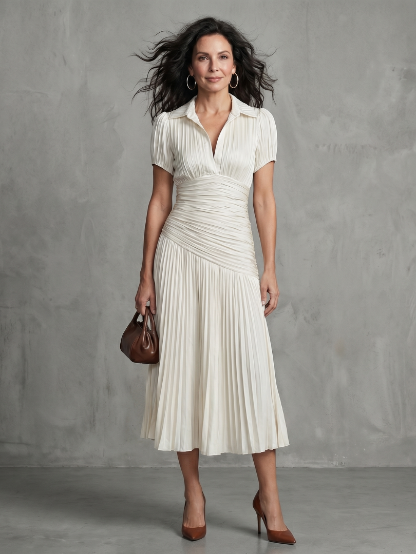 Women's Stripe Waist Pleated Midi Dress with Everyday Wear