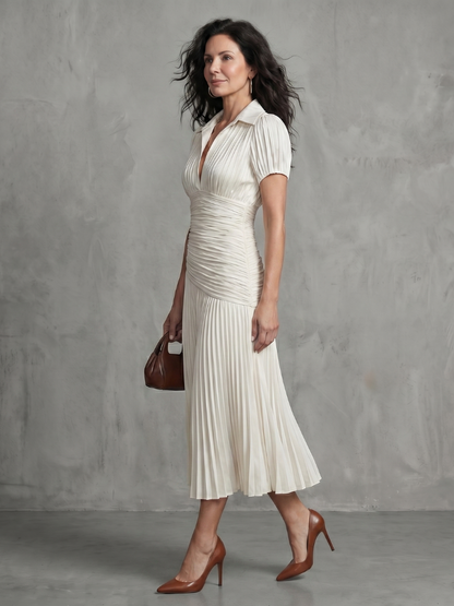 Women's Stripe Waist Pleated Midi Dress with Everyday Wear