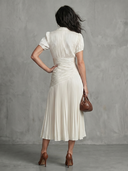 Women's Stripe Waist Pleated Midi Dress with Everyday Wear
