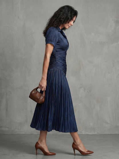 Women's Stripe Waist Pleated Midi Dress with Everyday Wear