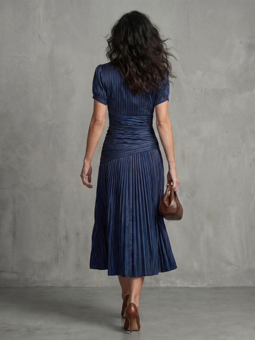 Women's Stripe Waist Pleated Midi Dress with Everyday Wear