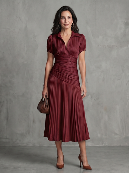Women's Stripe Waist Pleated Midi Dress with Everyday Wear