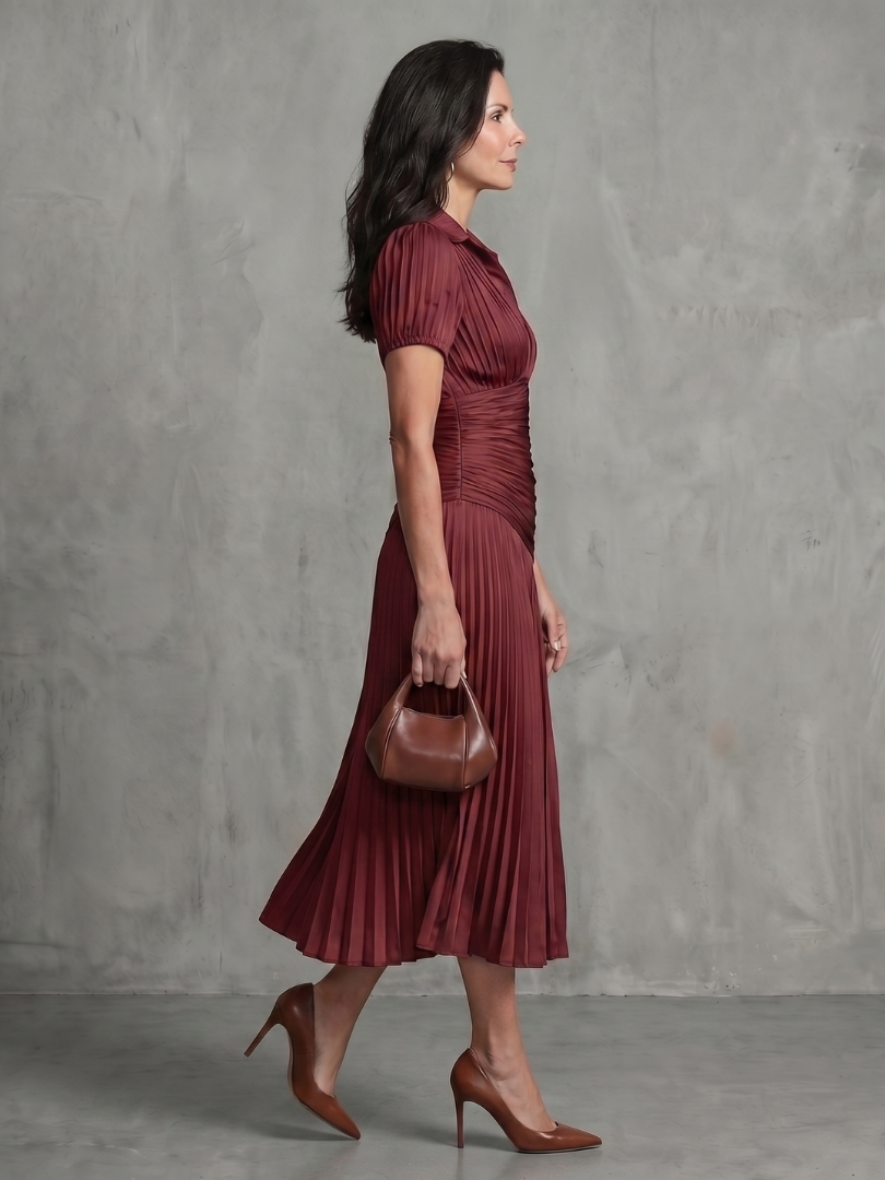 Women's Stripe Waist Pleated Midi Dress with Everyday Wear