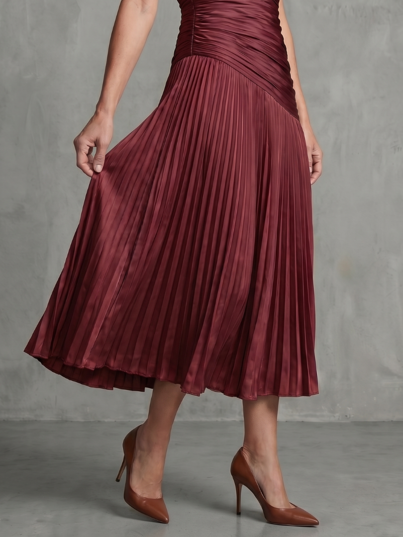 Women's Stripe Waist Pleated Midi Dress with Everyday Wear