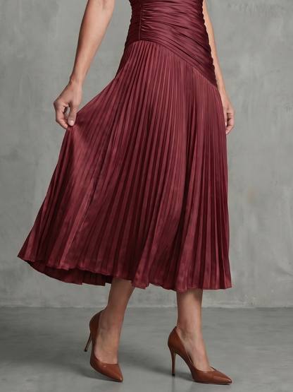 Women's Stripe Waist Pleated Midi Dress with Everyday Wear