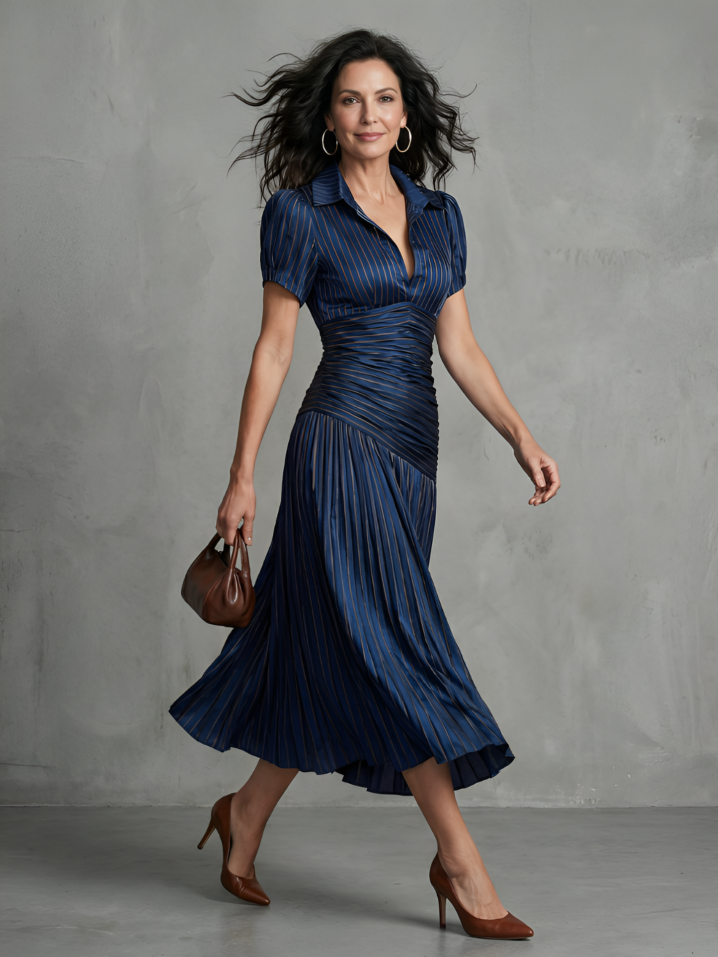 Women's Stripe Waist Pleated Midi Dress with Everyday Wear