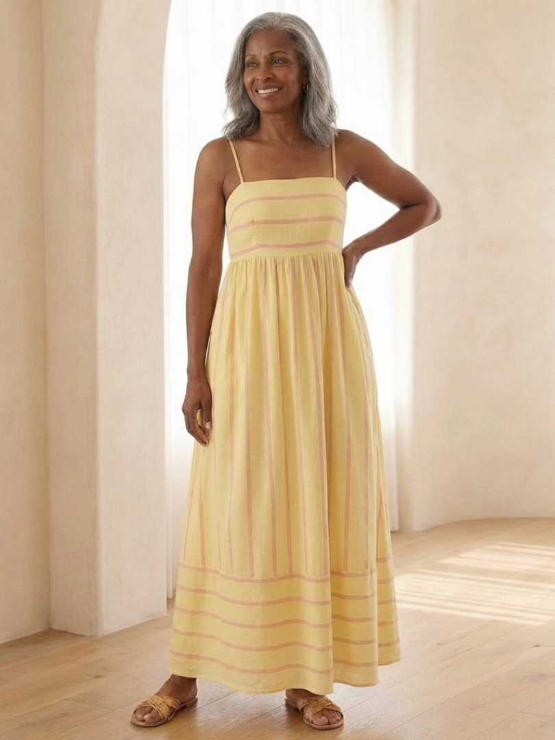Women's Striped Maxi Dress with Gathered Waist for Everyday