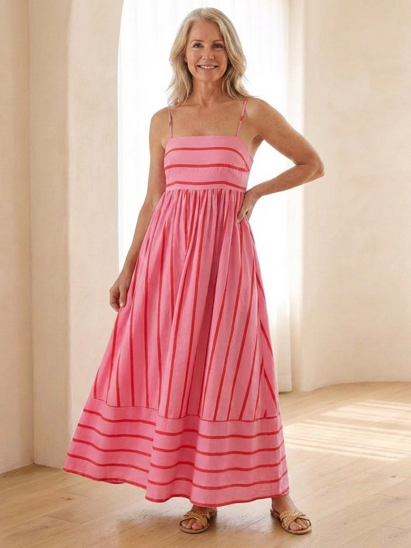 Women's Striped Maxi Dress with Gathered Waist for Everyday