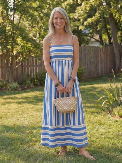 Women's Striped Maxi Dress with Gathered Waist for Everyday