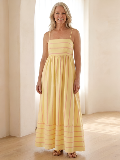 Women's Striped Maxi Dress with Gathered Waist for Everyday