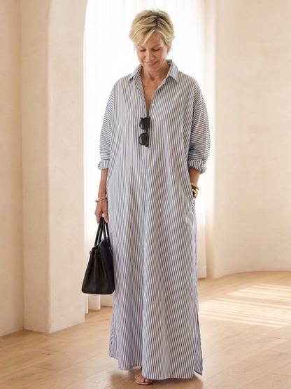Women's Striped Maxi Shirt Dress with Collar for Warm Days