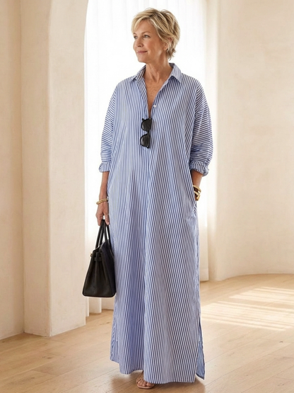 Women's Striped Maxi Shirt Dress with Collar for Warm Days