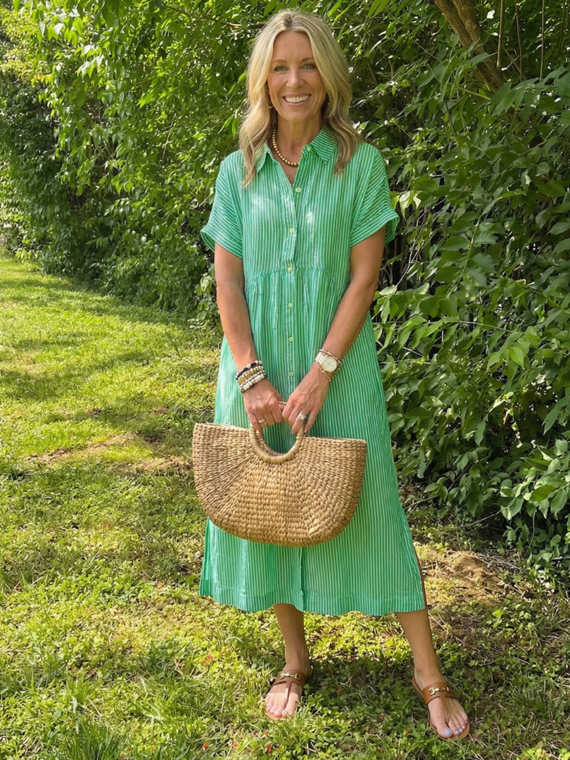 Women's Striped Midi Dress with Button Front for Everyday