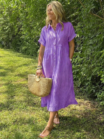 Women's Striped Midi Dress with Button Front for Everyday