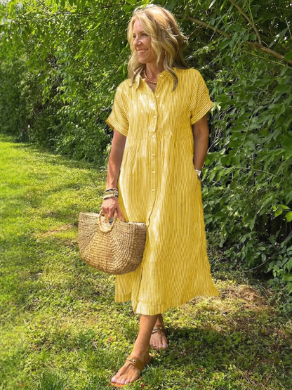 Women's Striped Midi Dress with Button Front for Everyday
