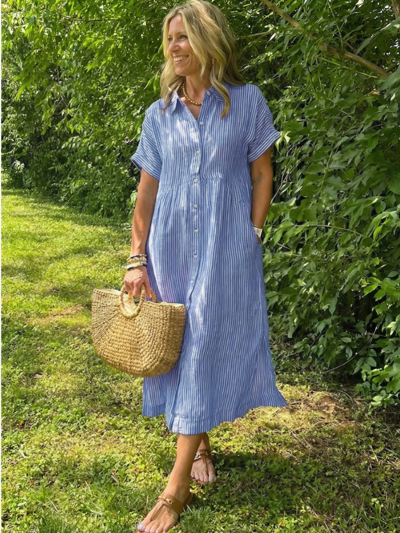 Women's Striped Midi Dress with Button Front for Everyday