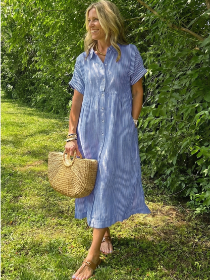 Women's Striped Midi Dress with Button Front for Everyday