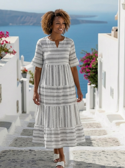 Women's Striped Midi Dress with Short Sleeves for Casual