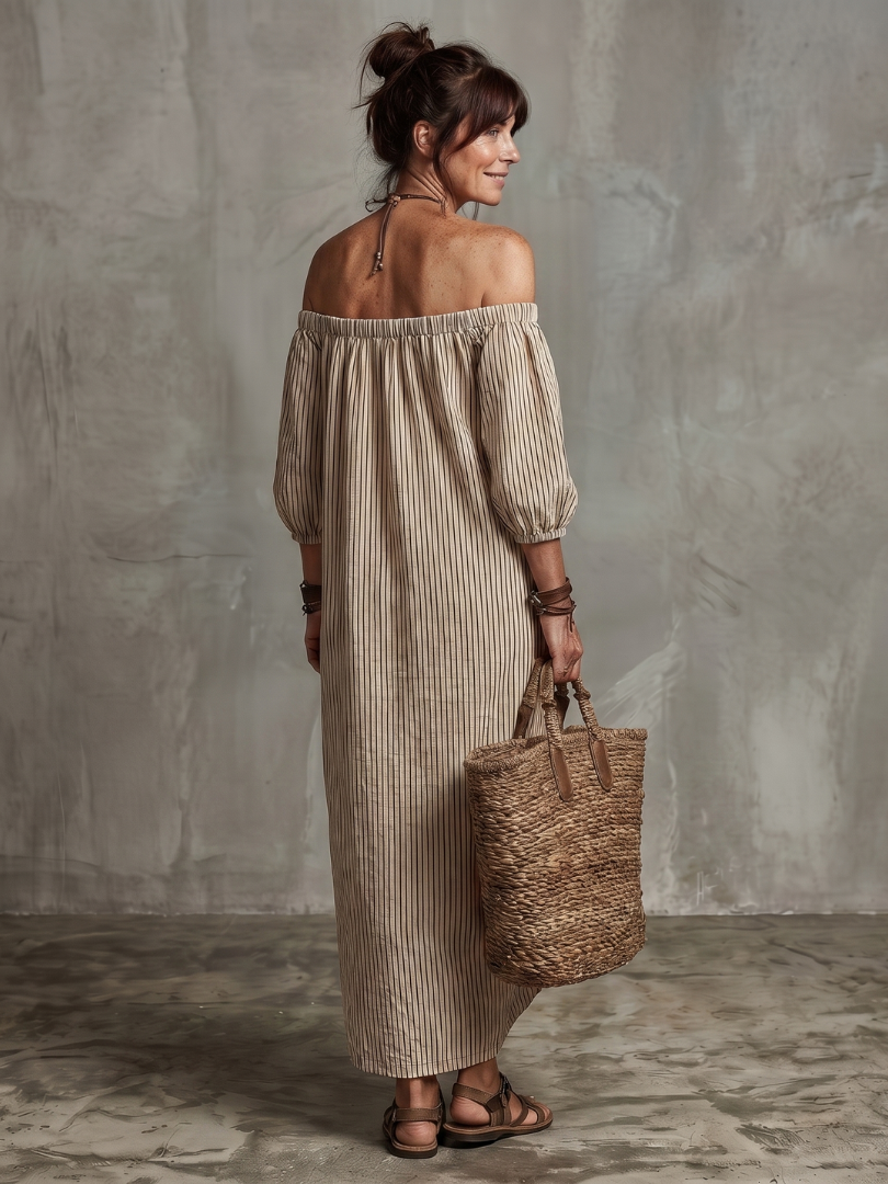 Women's Striped Off Shoulder Maxi Dress with Relaxed Fit