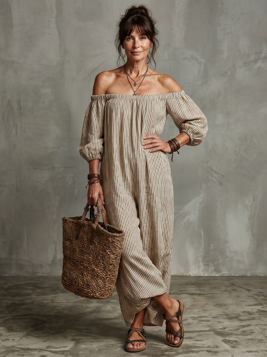 Women's Striped Off Shoulder Maxi Dress with Relaxed Fit