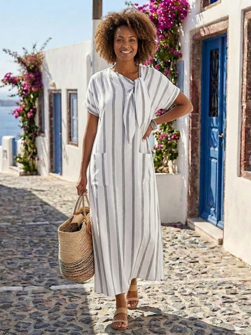 Women's Striped Tie-Neck Midi Dress with Pockets for Summer