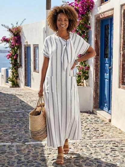 Women's Striped Tie-Neck Midi Dress with Pockets for Summer