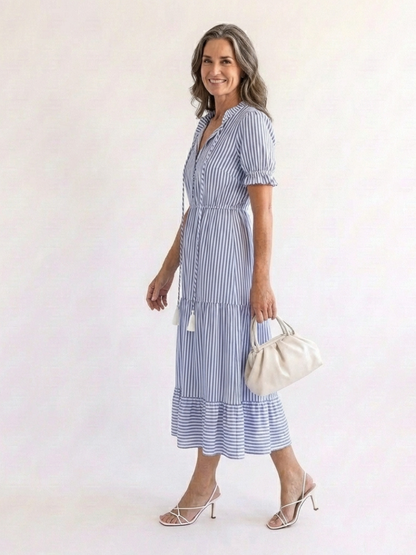 Women's Striped Tiered Midi Dress with Short Sleeves