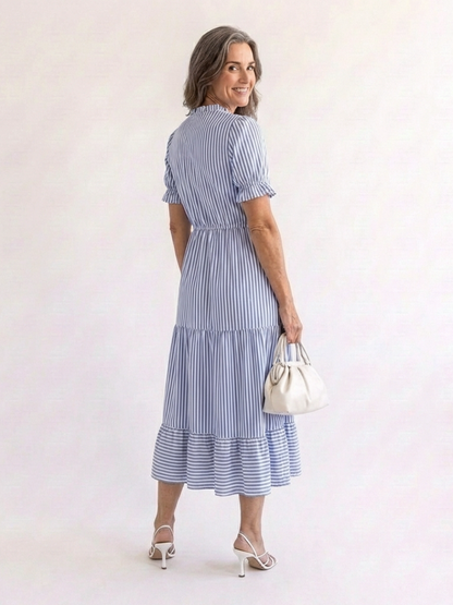 Women's Striped Tiered Midi Dress with Short Sleeves