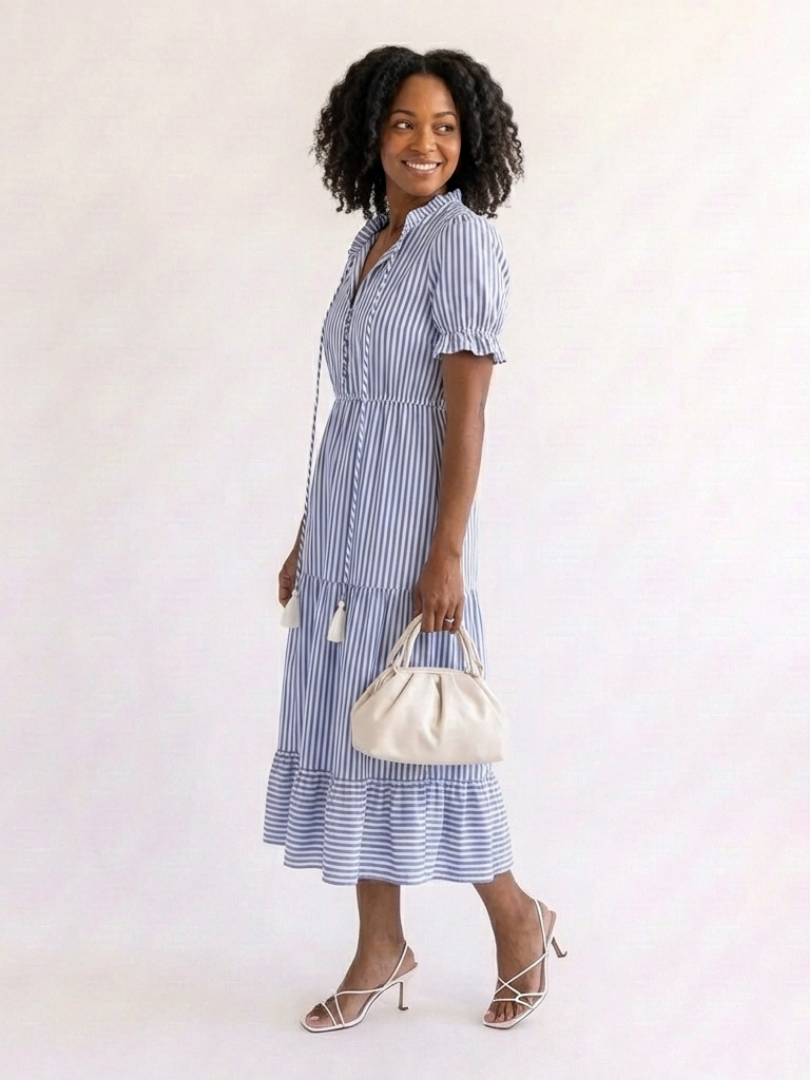 Women's Striped Tiered Midi Dress with Short Sleeves