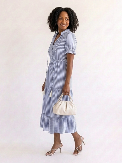 Women's Striped Tiered Midi Dress with Short Sleeves