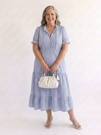 Women's Striped Tiered Midi Dress with Short Sleeves