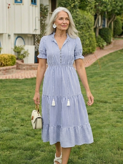 Women's Striped Tiered Midi Dress with Short Sleeves