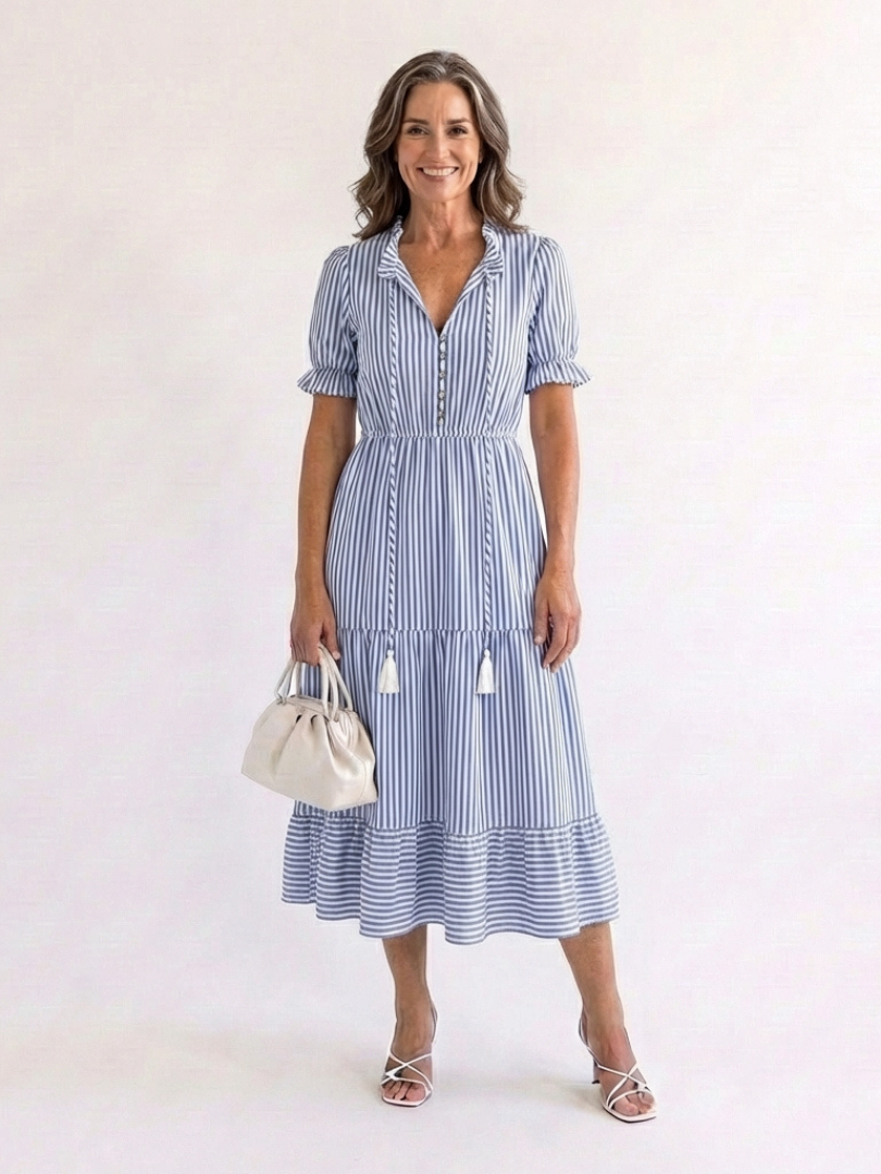Women's Striped Tiered Midi Dress with Short Sleeves
