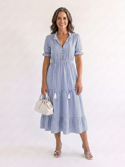 Women's Striped Tiered Midi Dress with Short Sleeves