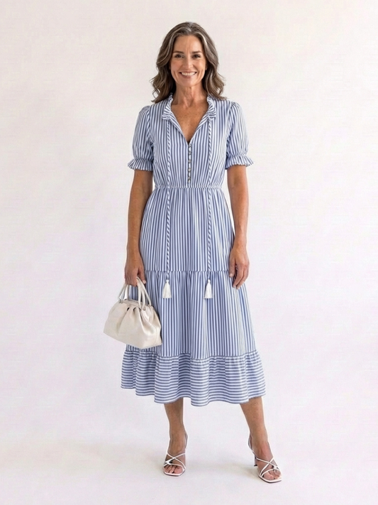 Women's Striped Tiered Midi Dress with Short Sleeves