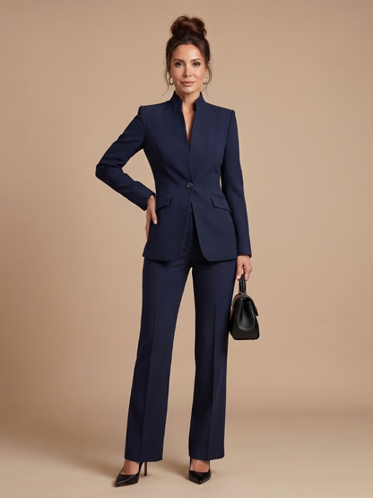 Women's Tailored Suit with Stand Collar for Formal Occasions