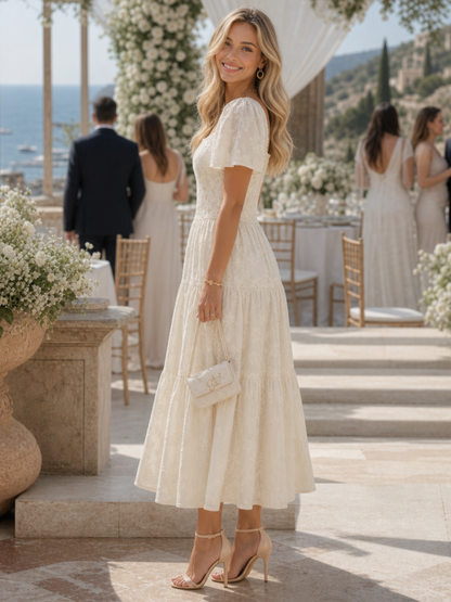 Women's Textured Midi Dress with Short Sleeves for Weddings