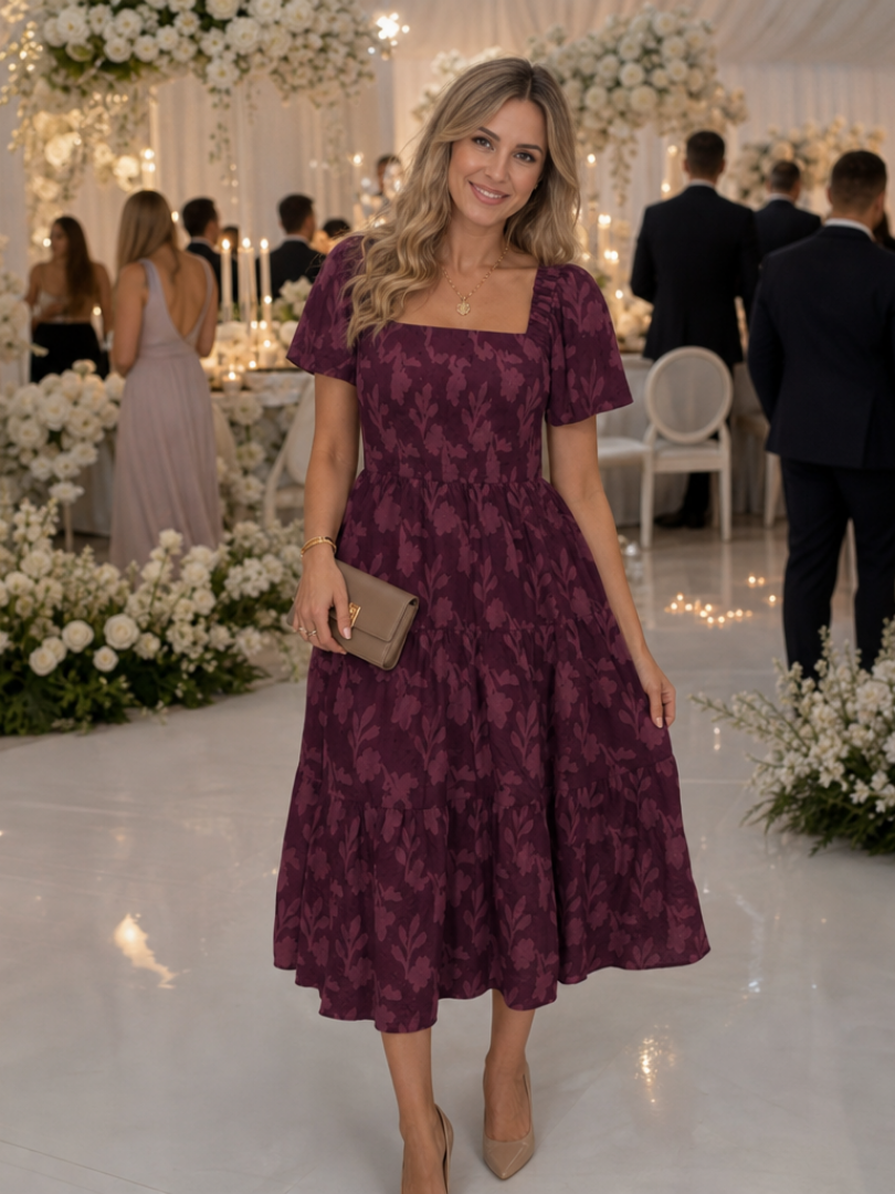 Women's Textured Midi Dress with Short Sleeves for Weddings