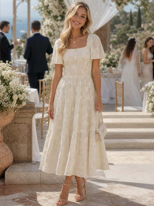 Women's Textured Midi Dress with Short Sleeves for Weddings